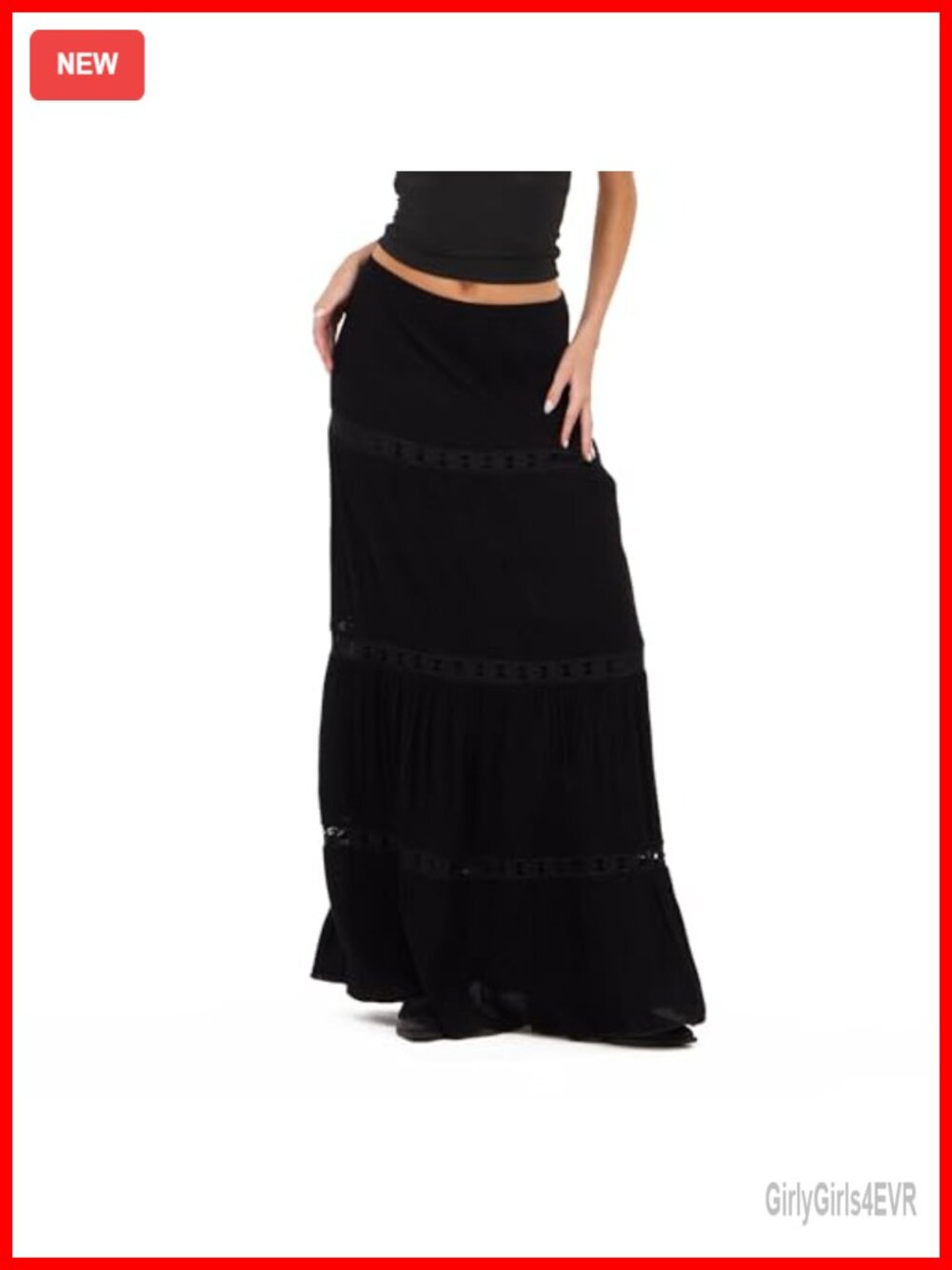 Tiered Maxi Skirt with Lace Inserts Flowy Lightweight